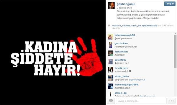 <p><strong>Gökhan Gönül: Şerefsizler...</strong></p>

<p>Fenerbahçe'nin başarılı futbolcusu Gökhan Gönül, sosyal medya hesaplarından Özgecan Aslan için bir paylaşımda bulundu.<br />
<br />
Gönül, Mersin'in Tarsus ilçesinde öldürülen Özgecan için şunları yazdı:<br />
<br />
"Bizim dinimiz kadınların ayaklarının altına cenneti sermişken siz ahlaksız şerefsizler onlara cehennemi yaşatırsınız."</p>
