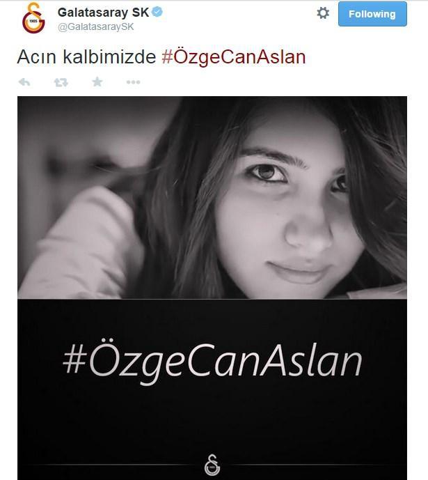 <p><strong>Galatasaray'dan tweet</strong></p>

<p>Özgecan’ın ölümüyle ilgili bir mesaj da Galatasaray’dan geldi. Sarı-kırmızılı kulüp resmi Twitter hesabından 'Acın kalbimizde #ÖzgeCanAslan' yazılı bir mesaj ve resim paylaştı.</p>
