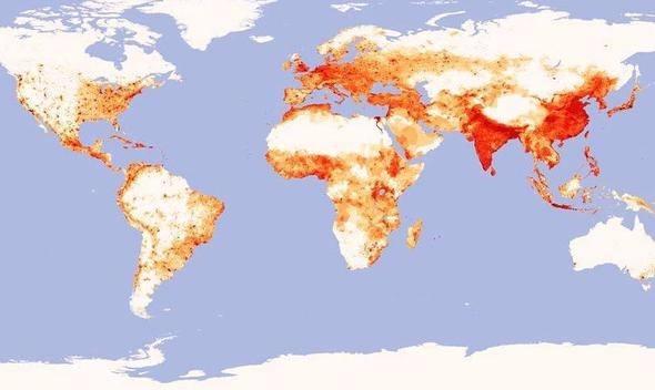 <p>Dünya nüfusunun en çok yoğunlaştığı bölgeler yoğunluk derecesine göre beyazdan kırmızıya doğru renklendirilmiş.</p>

<p> </p>
