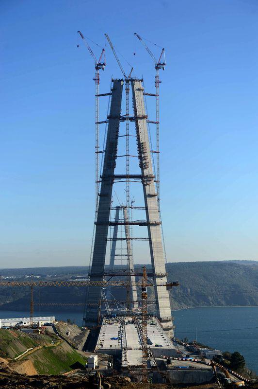 <p> 29 Ekim 2015’te açılması öngörülen 3. Köprünün inşaatında kulelerin betonarme işlemi biterken, köprü kulelerinin yüksekliği 305 metreye ulaştı. 305 metreye ulaşan kulelere semerler konulduktan sonra, ana halatların montajlarına başlanacak.</p>
