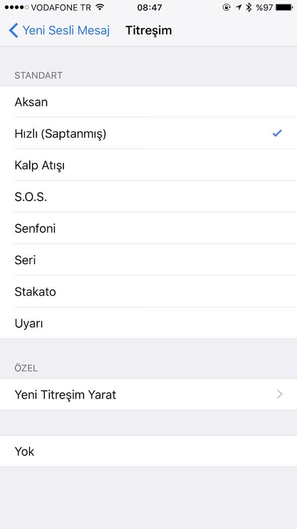 <p>Titreşim seviyesini kendi istediğiniz şekilde değiştirebilirsiniz. Belli aralıklarla veya ritme titreşim almak için yapmanız gereken tek şey Ayarlar>Ses ve Dokunuş>Yeni Sesli Mesaj>Titreşim>Yeni Titreşim Yarat kısmına girmek.</p>

<p> </p>
