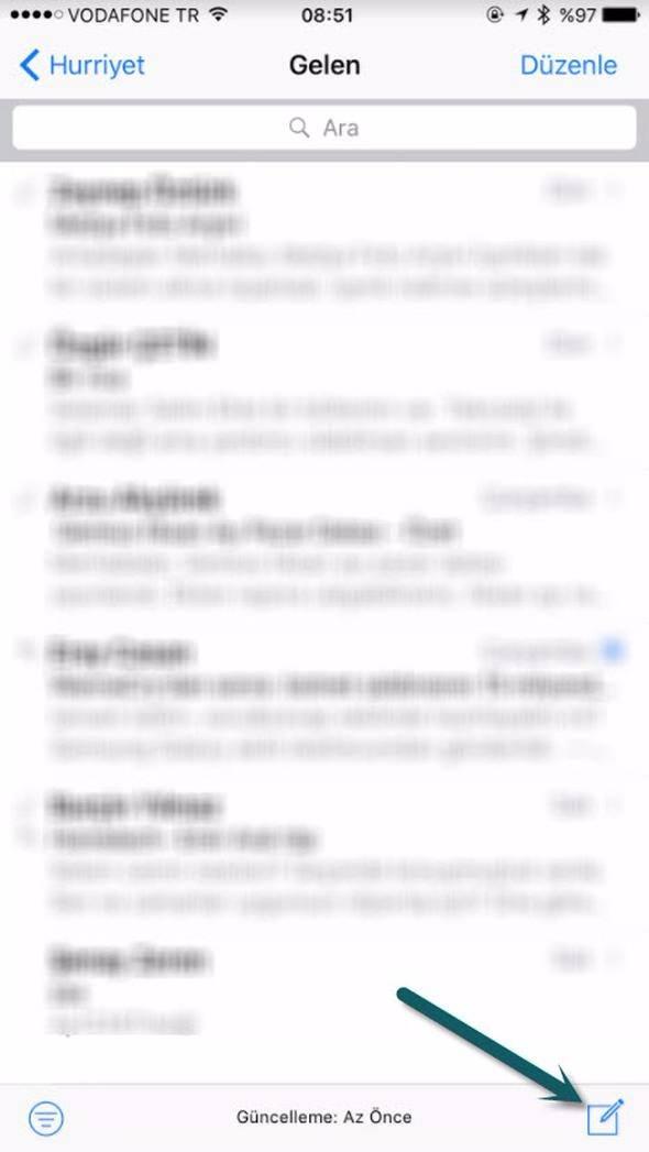 <p>Yeni e-mail atarken dokunduğunuz ve sağ alt köşede bulunan Yeni Mesaj simgesine uzun süre dokunursanız bakın ne oluyor?</p>
<p> </p>
