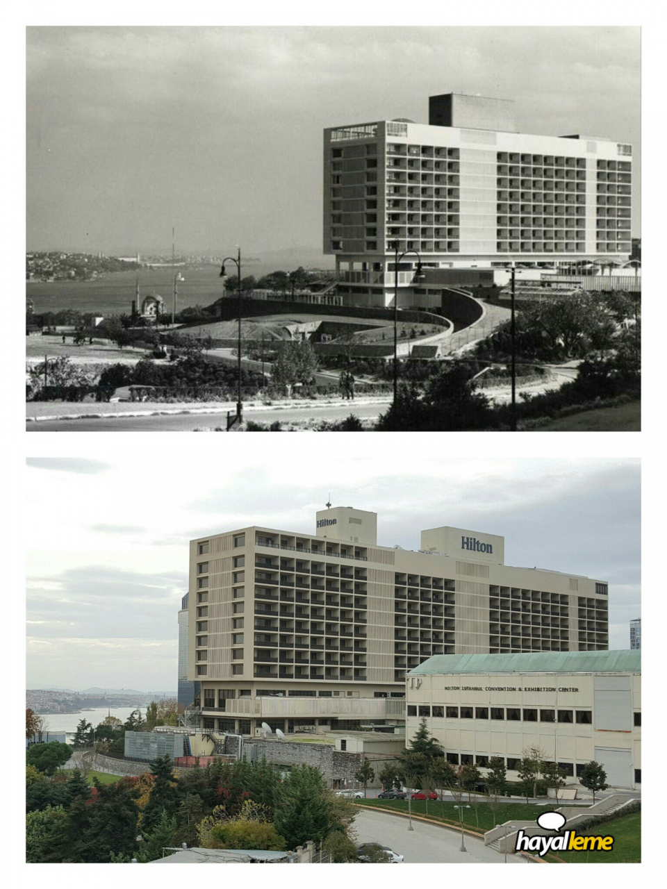 <p>57 yıl önce ve günümüzde Harbiye'den Hilton'a bakış. (Hilton 1960'lı yıllarda yeni bir blok eklenerek genişletildi)</p>

<p> </p>
