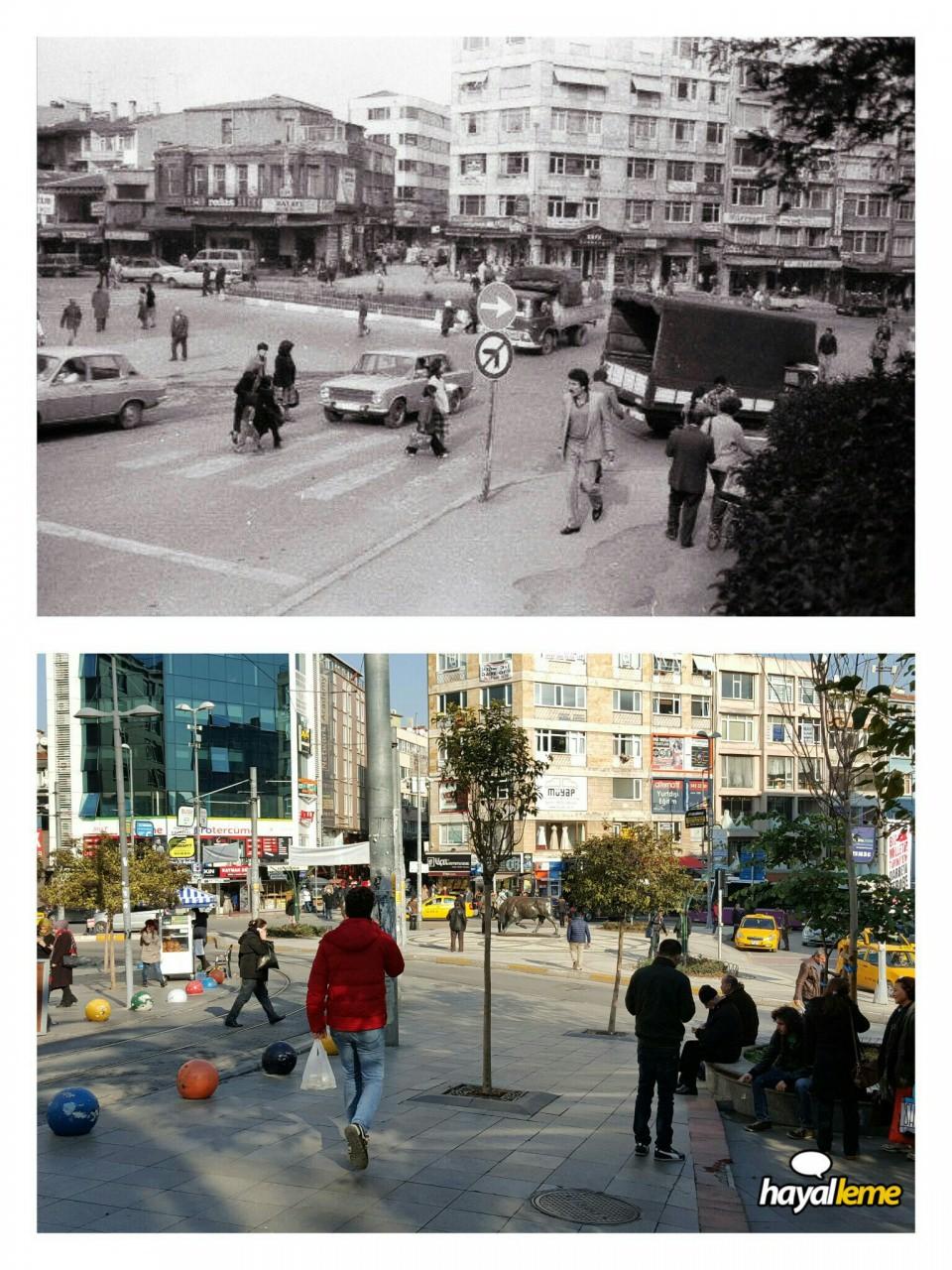 <p>Boğa Heykeli yokken ve günümüzde Altıyol.</p>