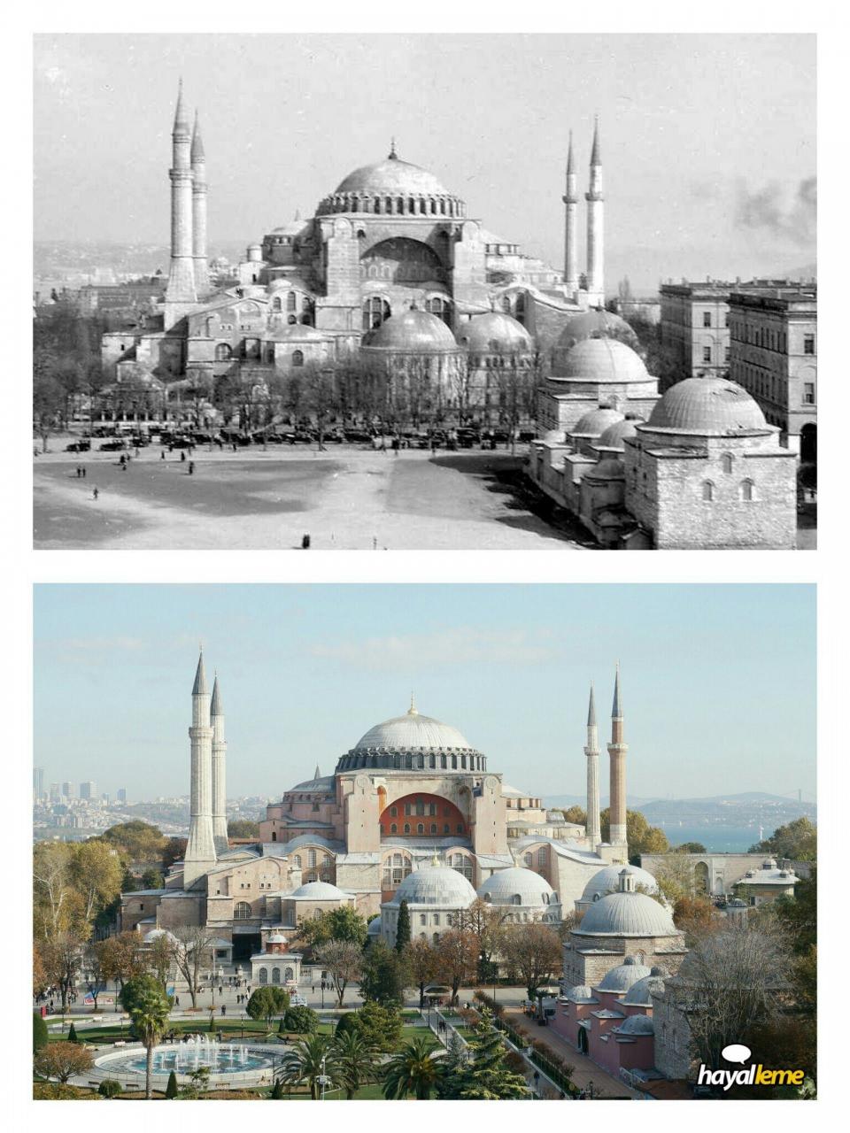 <p>Sultanahmet Minaresi'nden Ayasofya'da bakış 1926/2016 karşılaştırması.</p>
