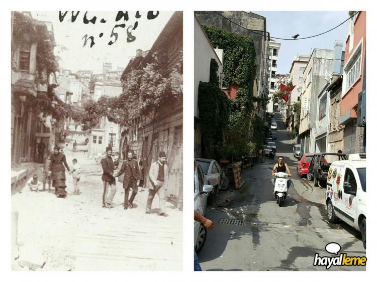 <p>Yaklaşık 120 yıl önce ve günümüzde Dolapdere'den Marsık Sokak'a bakış.</p>