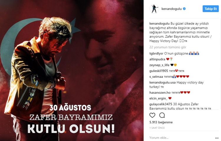 <p><strong>Kenan Doğulu</strong></p>

<p>Bu güzel ülkede ay yıldızlı bayrağımız altında özgürce yaşamamızı sağlayan tüm kahramanlarımızı minnetle anıyorum. Zafer Bayramımız kutlu olsun! / Happy Victory Day! ✌</p>
