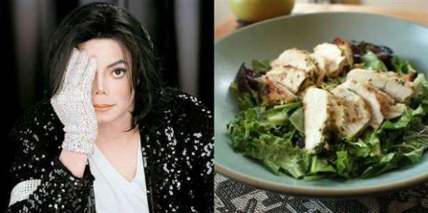 <p>16. Michael Jackson <br />
<br />
6 yaşındayken Jackson 5 ile müzik hayatına giriş yapan, Pop’un Kralı sıfatının dahi yetersiz kaldığı Michael Jackson'ın son yemek tercihi ızgara tavuk göğsü ve salata olmuş.</p>
