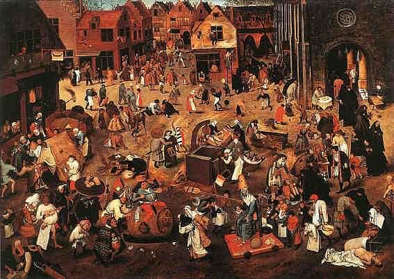 <p><strong>Bruegel - The Battle Between Carnival and Lent (1559) - Kunsthistorisches Museum, Viyana</strong></p>

<p>Eserde Güney Hollanda'da bir festivalde farklı kesimlerin festivali farklı şekillerde kutlaması resmedilmiştir.Bir tarafta eğlence,bir tarafta din vardır.Eser Viyana'da Kunsthistorisches Museum'da sergilenmektedir.</p>
