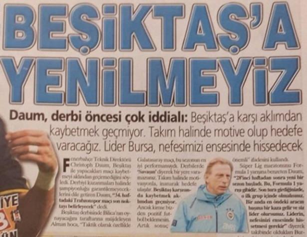 <p>16- Şampiyonluk yolundaki Fenerbahçe dev derbi öncesi bir hayli iddialıymış. Teknik direktör Daum da bunu açıkça dile getirmiş. Bu iddiası boşa çıkmadı Daum'un ama Bilica'nın ortaya çıkardığı kötü görüntü, galibiyeti biraz da olsa gölgeledi.</p>

<p> </p>
