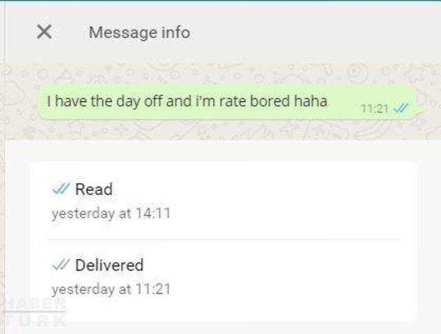 <p><strong>Mesajların okunduğu zamanı görme</strong></p>

<p> </p>

<p>Mesajların sizden çıktığını (tek), karşı cihaza ulaştığını (çift) ve okunduğunu (mavi çift) gördüğünüz onay sembollerine kafayı fazla takmayın.</p>
