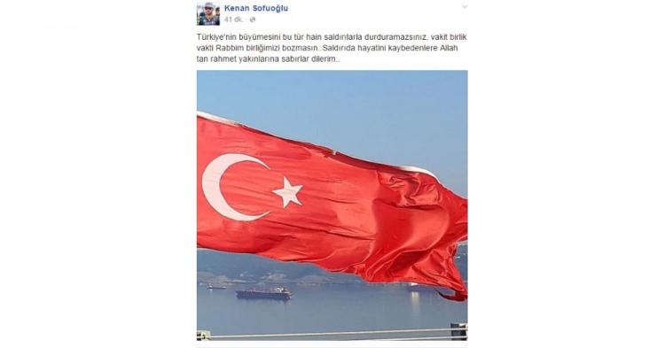 <p>Ünlü Türk motosiklet yarışçısı Kenan Sofuoğlu ‘Türkiye’nin büyümesini bu tür hain saldırılarla durduramazsınız, vakit birlik vakti Rabbim birliğimizi bozmasın..Saldırıda hayatini kaybedenlere Allah tan rahmet yakınlarına sabırlar dilerim..’</p>

<p> </p>
