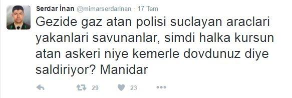 <p>Serdar İnan, profil fotoğrafına darbeci generali öldüren Astsubay Ömer Halisdemir'in fotoğrafını koyarken, gezi destekçilerini eleştirdi.</p>
