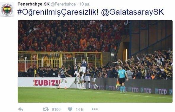 <p>Fenerbahçe Kulübü'nün resmi Twitter hesabından Galatasaray maçı sonrası sosyal medyada büyük yankı yaratan paylaşımlar yapıldı. İlk olarak Fenerbahçeli futbolcuların bir sevinç fotoğrafın üzerine yazılan mesajda, 'Öğrenilmiş Çaresizlik' hashtag'i ile Galatasaray Kulübü'ne gönderme yapıldı.</p>
