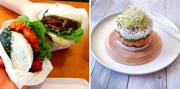 <p>Dünyadaki çeşitli restoranlarda bulabileceğiniz bu yemek, hamburger ekmeği gibi kullanılan pirincin arasına geleneksel sushi ve burger malzemeleri eklenmesiyle hazırlanıyor.</p>

