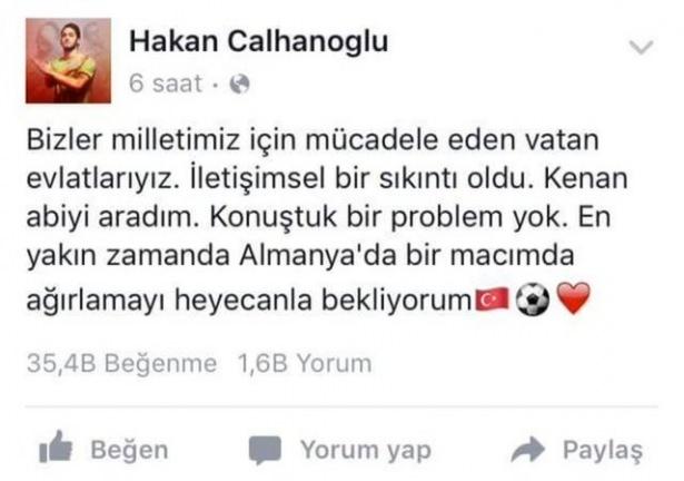 <p>Daha sonra Hakan Çalhanoğlu bir açıklama yaptı ve olay tatlıya bağlandı... Çalhanoğlu, "Kenan abiyi aradım. Konuştuk bir problem yok. En yakın zamanda Almanya'da bir macımda ağırlamayı heyecanla bekliyorum" diye yazdı... Ancak sosyal medyada bütün gece bu olay konuşuldu... İşte yazılanlar:</p>