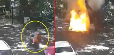 Baba ve kızı dehşeti yaşadı: Elektrikli motosiklet bir anda alev topuna d&ouml;nd&uuml;!