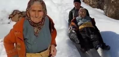 95 yaşındaki Saadet ninenin tahta kızak keyfi!