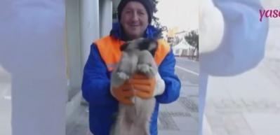 Temizlik g&ouml;revlisi ve k&ouml;peğin eğlenceli anları! "Oğlum bak git"