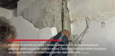 Dokununca d&ouml;k&uuml;len beton par&ccedil;alarını ve &ccedil;&uuml;r&uuml;yen demirleri g&ouml;steren bina sakinleri tedirginliklerini anlattı
