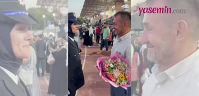 Bir babanın en gururlu anı! Polis okulundan mezun olan kızını çiçeklerle karşıladı