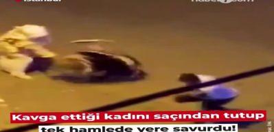 Kavga ettiği kadını MMA d&ouml;v&uuml;ş&ccedil;&uuml;s&uuml; gibi tek hamlede savurdu!