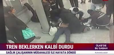 Kalbi duran yolcuya istasyondaki m&uuml;dahale anı kamerada!