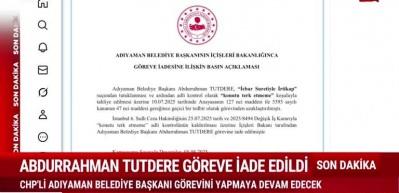 İçişleri Bakanlığı: Abdurrahman Tutdere göreve iade edildi