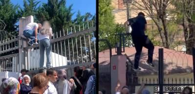 Sınava ge&ccedil; kalan &ouml;ğrenci, demir parmaklıklara tırmandı
