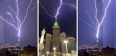 Mekke'de Mescid-i Haram'a yağmur yağdı, şimşekler g&ouml;ky&uuml;z&uuml;n&uuml; aydınlattı