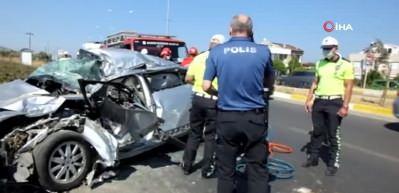 Burhaniye&rsquo;de baba kızın bulunduğu ara&ccedil; vince &ccedil;arptı