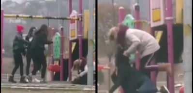 Gen&ccedil; kızı parkta sa&ccedil;larından tutup tekme tokat d&ouml;vd&uuml;!
