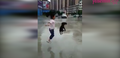 K&ouml;pekle ip atlayan minik kız