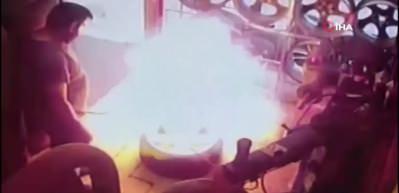 Oto tamircide nitrojen dolu lastik patladı...O anlar kamerada