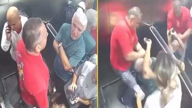 Brezilya'da emekli bir polis memurunun asansörde komşusuna saldırdığı anın güvenlik kamerası görüntüsü.
