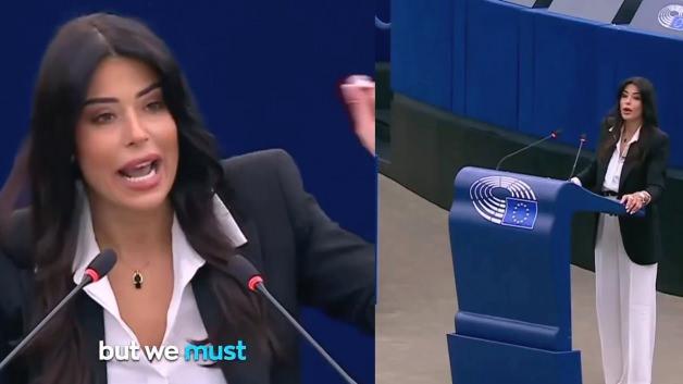 Avrupa Parlamentosu binası önünde konuşma yapan Anna-Michelle Asimakopoulou
