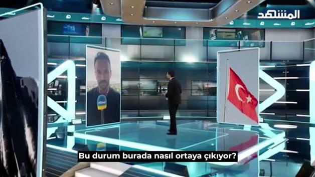 Birleşik Arap Emirlikleri televizyonunda Türkiye'nin dış politikası ve savunma sanayii hakkında analiz yapıldığı bir ekran görüntüsü.