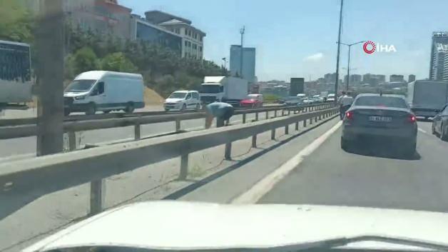Bağcılar TEM Otoyolu'nda düşen motokuryenin yola saçılan paralarını vatandaşların topladığı an.