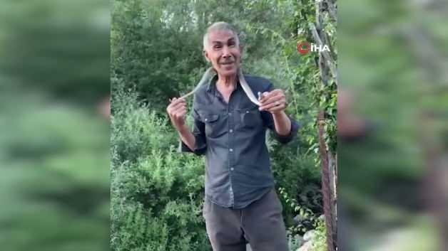 Bingöl'de engerek yılanını boynuna dolayan bir adamın cep telefonuyla çekilmiş görüntüsü.