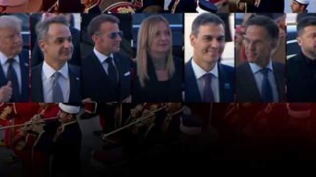 NATO liderlerinin Cumhurbaşkanlığı Külliyesi'nde mehter takımı ve yeniçeri askerleri eşliğinde karşılanması