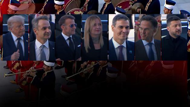 NATO liderlerinin Cumhurbaşkanlığı Külliyesi'nde mehter takımı ve yeniçeri askerleri tarafından karşılanması.