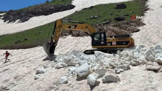 Temmuz ayında Türkiye'nin doğusunda yer alan 5 metrelik kar tünelleri içinden bir görüntü.