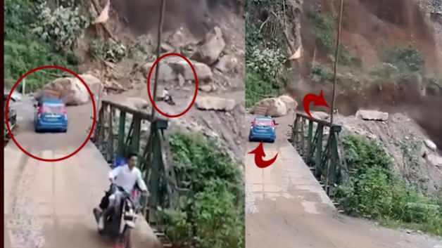 Hindistan'da meydana gelen heyelanda  motosikletlei ölümden kıl payı kurtuldu