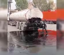 Petrol tankerinin kazası sonrasu etrafa oluk oluk  binlerce litre yağ aktı