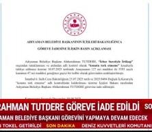 İçişleri Bakanlığı: Abdurrahman Tutdere göreve iade edildi