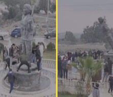 Suriye'de tarihi g&ouml;r&uuml;nt&uuml;ler: Ter&ouml;r &ouml;rg&uuml;t&uuml; YPG/SDG'nin heykelleri yıkıldı