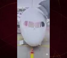 Frankfurt Havalimanı'nda aprondaki yolcu u&ccedil;ağının &ouml;n iniş takımı &ccedil;&ouml;kt&uuml;