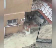 İstanbul'da bir vatandaşın sel sularıyla olan m&uuml;cadelesi kamerada