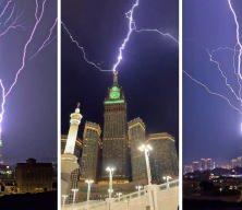 Mekke'de Mescid-i Haram'a yağmur yağdı, şimşekler g&ouml;ky&uuml;z&uuml;n&uuml; aydınlattı