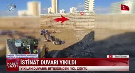 Ümraniye'de istinat duvarının yıkılması sonucu yol çöktü